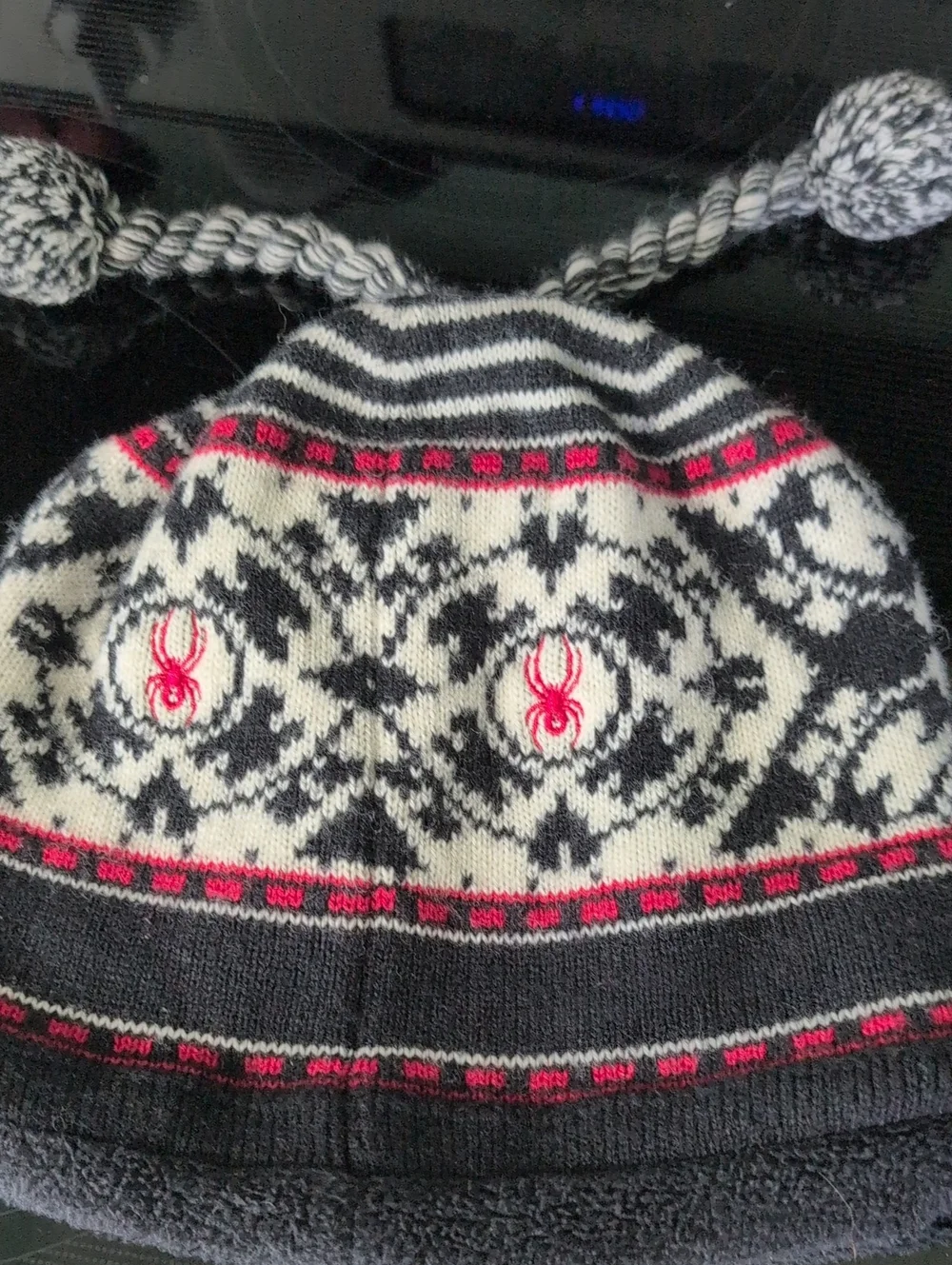 Child's Spyder Black, White & Pink Fair Isle Pom Beanie